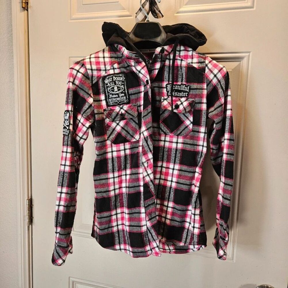 Beautiful disaster pink, black and white plaid hooded flannel..